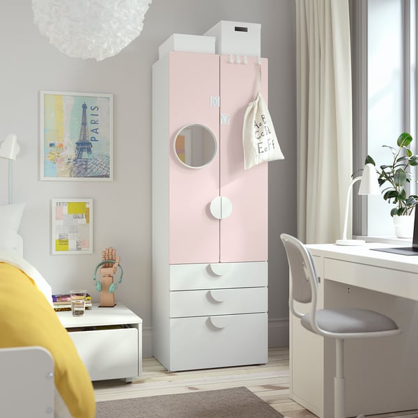 SMÅSTAD / PLATSA wardrobe, white pale pink/with 3 drawers, 60x42x181 cm