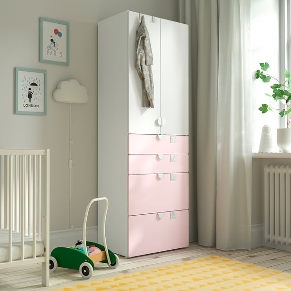 SMÅSTAD / PLATSA wardrobe, white pale pink/with 4 drawers, 60x42x181 cm