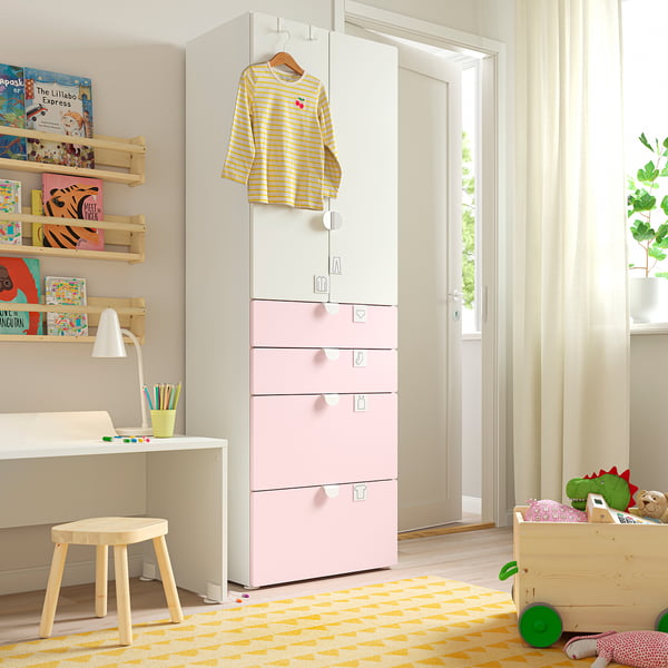 SMÅSTAD / PLATSA wardrobe, white pale pink/with 4 drawers, 60x42x181 cm