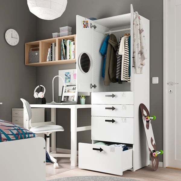 SMÅSTAD / PLATSA wardrobe, white pale pink/with 4 drawers, 60x57x181 cm