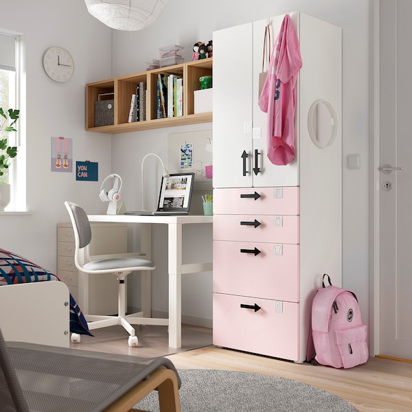 SMÅSTAD / PLATSA - Wardrobe, white pale pink/with 4 drawers, 60x57x181 cm