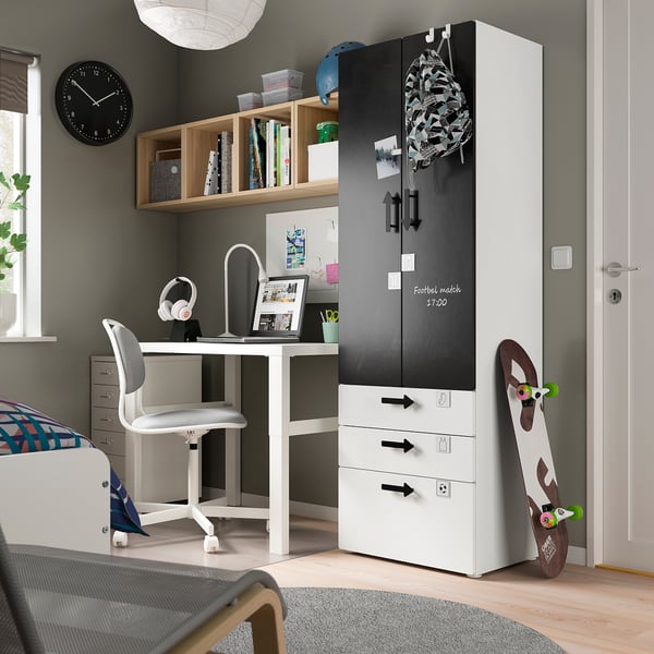 SMÅSTAD / PLATSA wardrobe, white/blackboard surface with 3 drawers, 60x42x181 cm