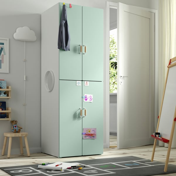 SMÅSTAD / PLATSA wardrobe, white light green/with 2 clothes rails, 60x57x181 cm