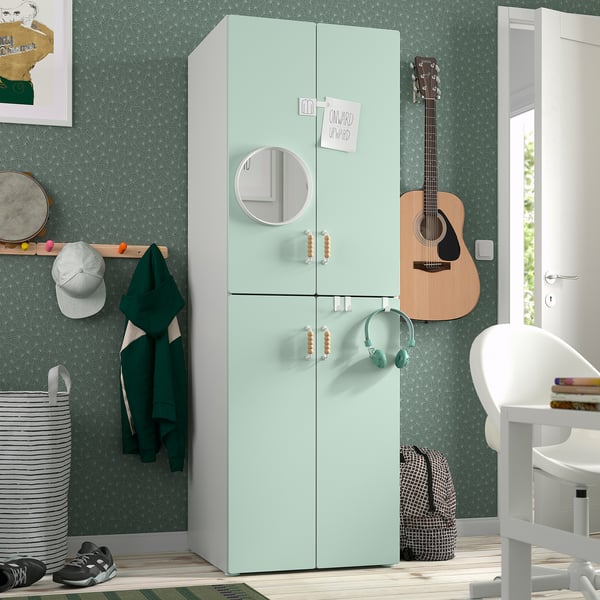 SMÅSTAD / PLATSA - SMÅSTAD / PLATSA Wardrobe, white light green/with 2 clothes rails, 60x57x181 cm