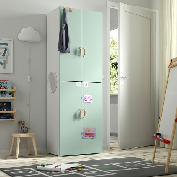 SMÅSTAD / PLATSA wardrobe, white light green/with 2 clothes rails, 60x42x181 cm