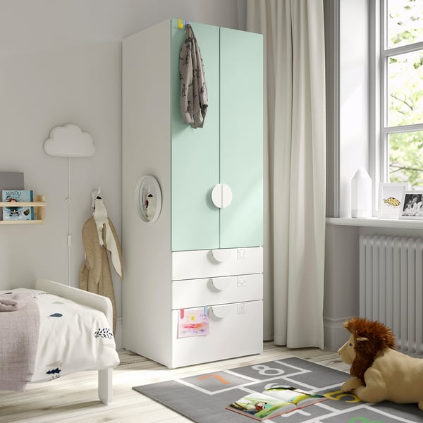 SMÅSTAD / PLATSA wardrobe, white light green/with 3 drawers, 60x57x181 cm