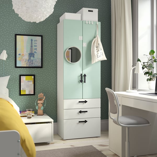 SMÅSTAD / PLATSA wardrobe, white light green/with 3 drawers, 60x42x181 cm
