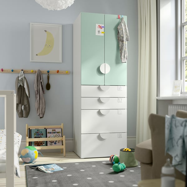 SMÅSTAD / PLATSA wardrobe, white light green/with 4 drawers, 60x57x181 cm