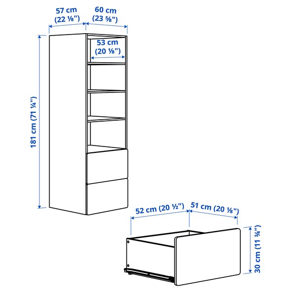 SMÅSTAD / PLATSA - Bookcase, white birch/with 2 drawers, 60x57x181 cm