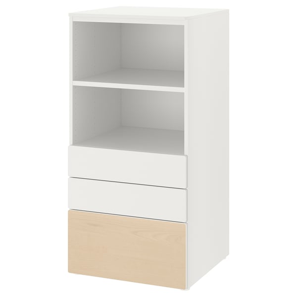 SMÅSTAD / PLATSA bookcase, white birch/with 3 drawers, 60x57x123 cm