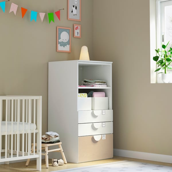 SMÅSTAD / PLATSA bookcase, white birch/with 3 drawers, 60x57x123 cm