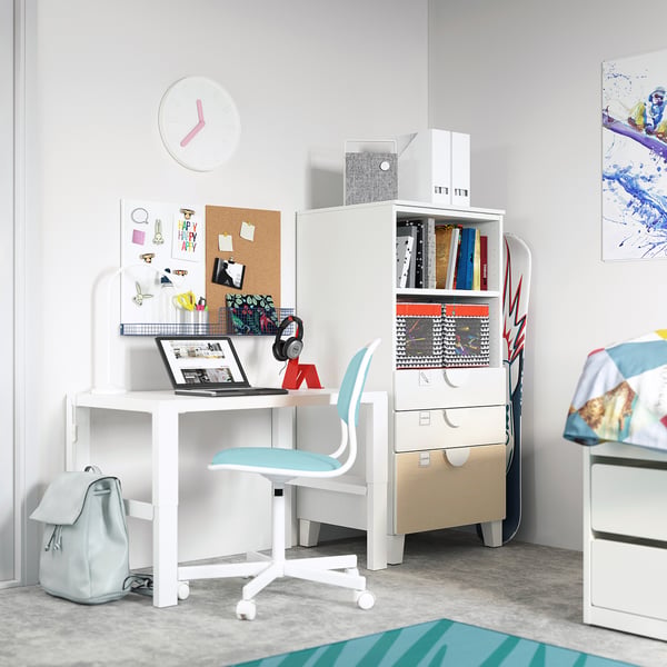 SMÅSTAD / PLATSA bookcase, white birch/with 3 drawers, 60x57x123 cm