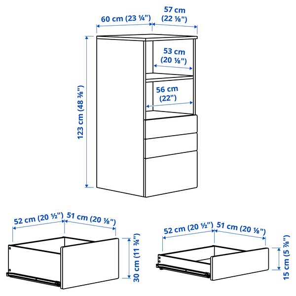 SMÅSTAD / PLATSA - Bookcase, white birch/with 3 drawers, 60x57x123 cm