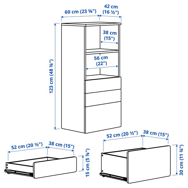 SMÅSTAD / PLATSA - Bookcase, white birch/with 3 drawers, 60x42x123 cm