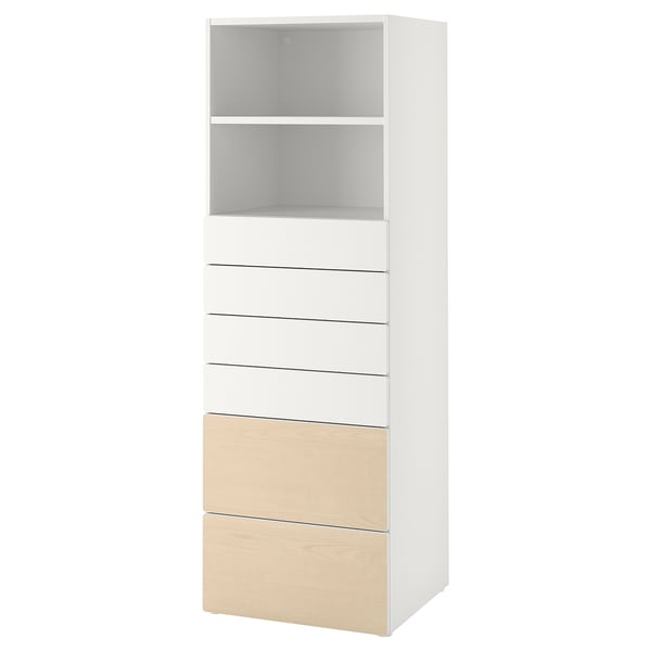SMÅSTAD / PLATSA bookcase, white birch/with 6 drawers, 60x57x181 cm