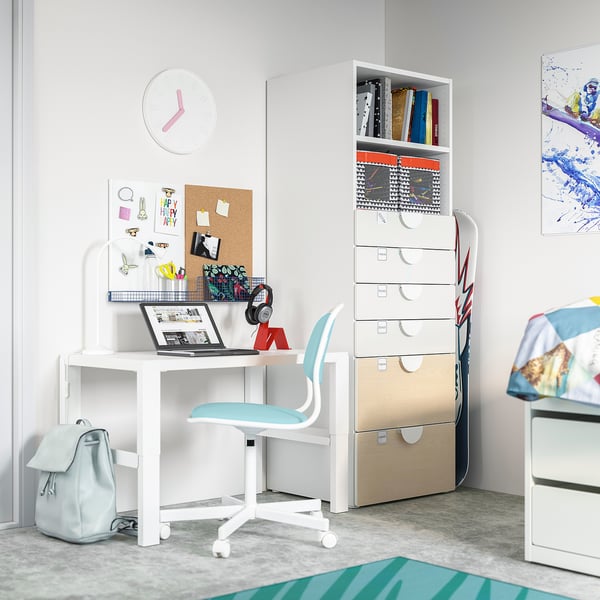 SMÅSTAD / PLATSA bookcase, white birch/with 6 drawers, 60x57x181 cm