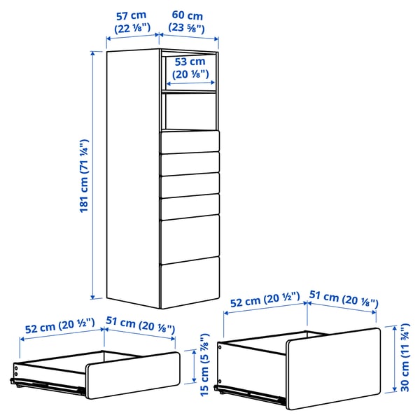 SMÅSTAD / PLATSA bookcase, white birch/with 6 drawers, 60x57x181 cm