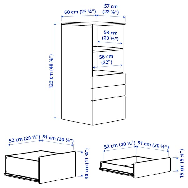 SMÅSTAD / PLATSA - Bookcase, white white/with 3 drawers, 60x57x123 cm