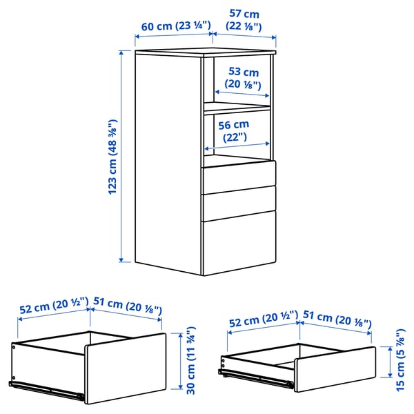 SMÅSTAD / PLATSA bookcase, white white/with 3 drawers, 60x57x123 cm