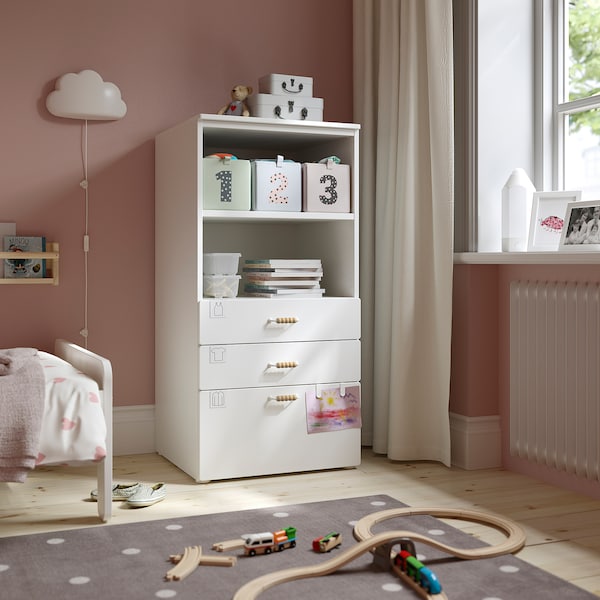 SMÅSTAD / PLATSA - Bookcase, white white/with 3 drawers, 60x57x123 cm