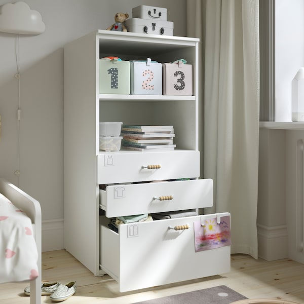 SMÅSTAD / PLATSA - Bookcase, white white/with 3 drawers, 60x57x123 cm