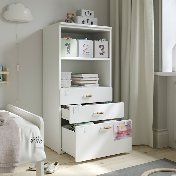 SMÅSTAD / PLATSA - Bookcase, white white/with 3 drawers, 60x42x123 cm