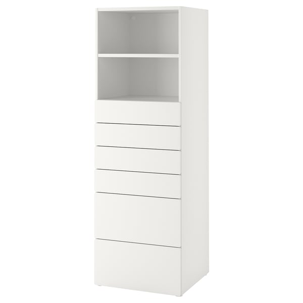 SMÅSTAD / PLATSA bookcase, white white/with 6 drawers, 60x57x181 cm