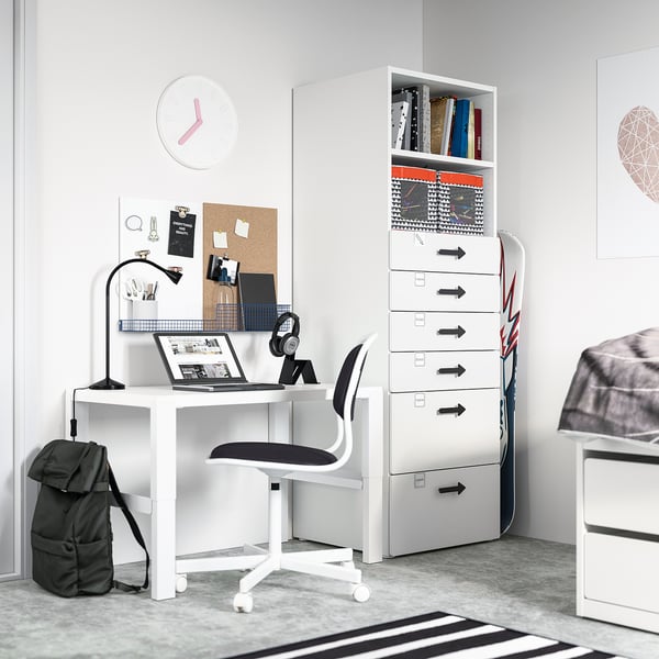 SMÅSTAD / PLATSA bookcase, white white/with 6 drawers, 60x57x181 cm