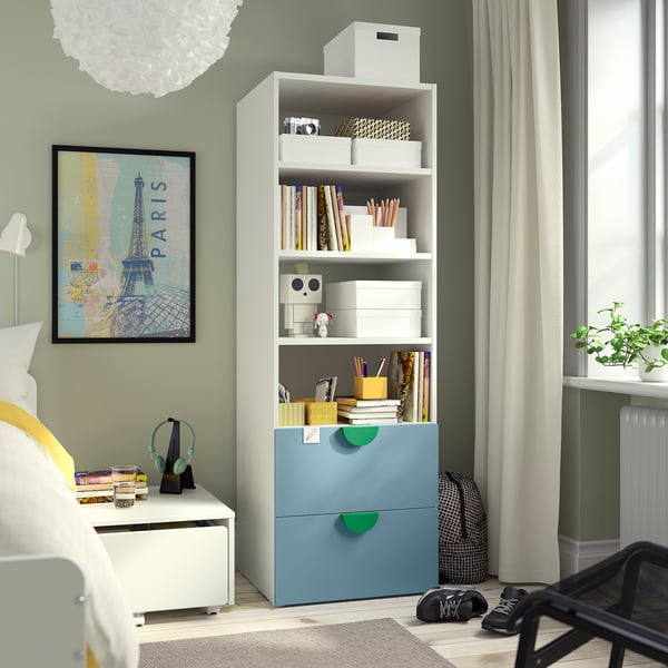 SMÅSTAD / PLATSA bookcase, white blue/with 2 drawers, 60x57x181 cm