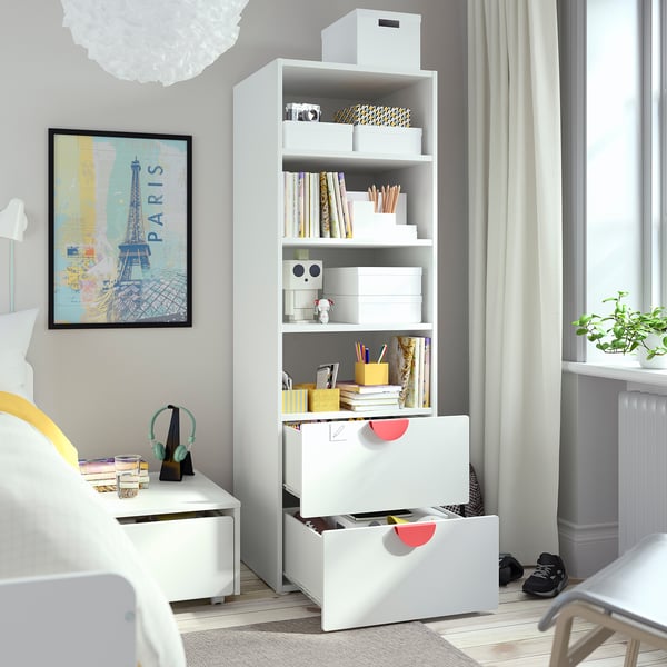 SMÅSTAD / PLATSA bookcase, white blue/with 2 drawers, 60x57x181 cm
