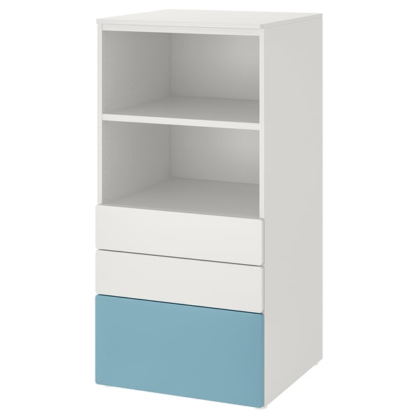 SMÅSTAD / PLATSA bookcase, white blue/with 3 drawers, 60x57x123 cm