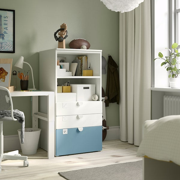 SMÅSTAD / PLATSA - Bookcase, white blue/with 3 drawers, 60x57x123 cm