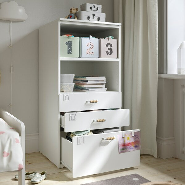 SMÅSTAD / PLATSA - Bookcase, white blue/with 3 drawers, 60x57x123 cm