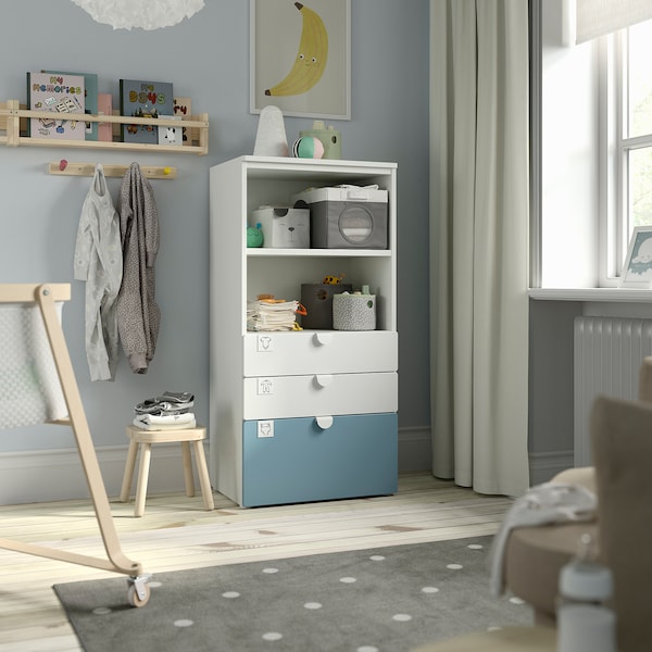 SMÅSTAD / PLATSA - Bookcase, white blue/with 3 drawers, 60x42x123 cm