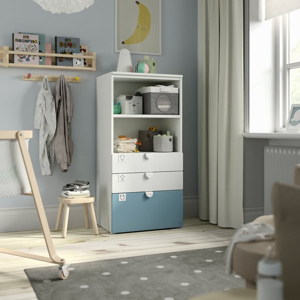 SMÅSTAD / PLATSA bookcase, white blue/with 3 drawers, 60x42x123 cm