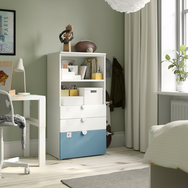 SMÅSTAD / PLATSA - Bookcase, white blue/with 3 drawers, 60x42x123 cm