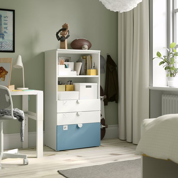 SMÅSTAD / PLATSA bookcase, white blue/with 3 drawers, 60x42x123 cm
