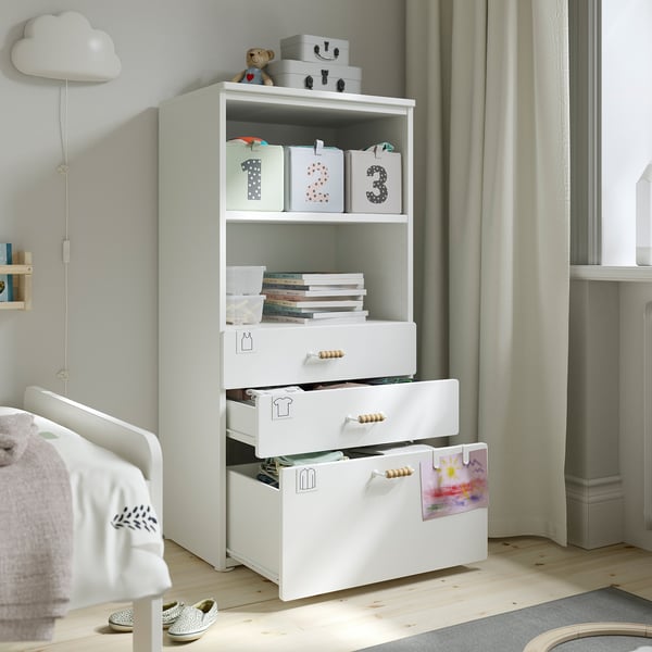 SMÅSTAD / PLATSA bookcase, white blue/with 3 drawers, 60x42x123 cm