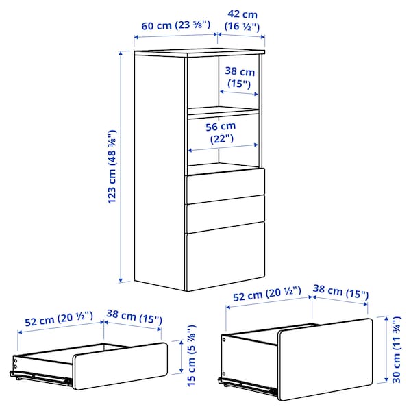 SMÅSTAD / PLATSA - Bookcase, white blue/with 3 drawers, 60x42x123 cm