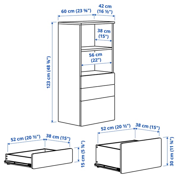 SMÅSTAD / PLATSA - SMÅSTAD / PLATSA Bookcase, white blue/with 3 drawers, 60x42x123 cm