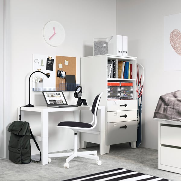 SMÅSTAD / PLATSA - Bookcase, white grey/with 3 drawers, 60x57x123 cm