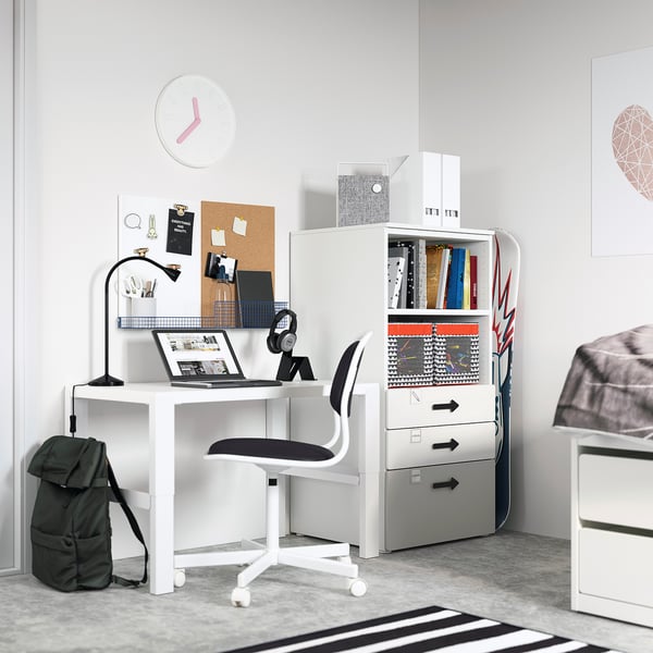 SMÅSTAD / PLATSA - Bookcase, white grey/with 3 drawers, 60x57x123 cm