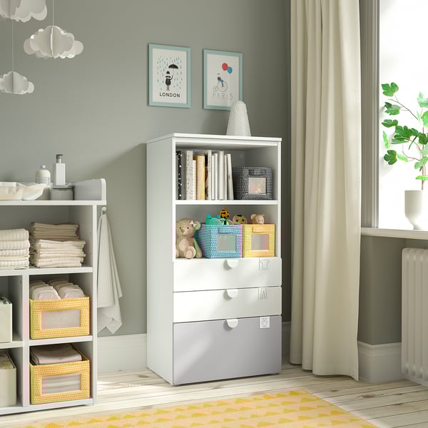 SMÅSTAD / PLATSA - Bookcase, white grey/with 3 drawers, 60x42x123 cm