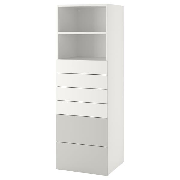 SMÅSTAD / PLATSA bookcase, white grey/with 6 drawers, 60x57x181 cm
