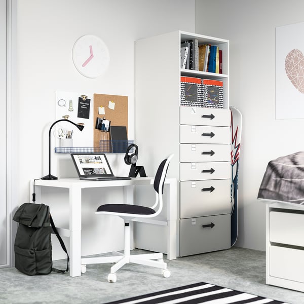 SMÅSTAD / PLATSA bookcase, white grey/with 6 drawers, 60x57x181 cm