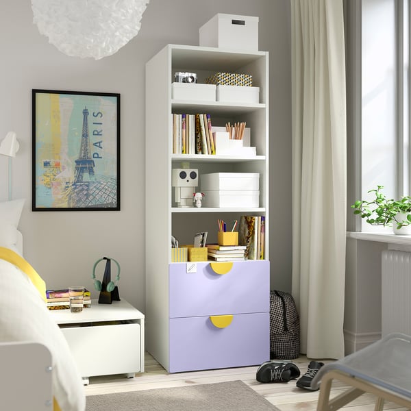 SMÅSTAD / PLATSA bookcase, white lilac/with 2 drawers, 60x57x181 cm