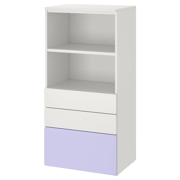 SMÅSTAD / PLATSA bookcase, white lilac/with 3 drawers, 60x42x123 cm