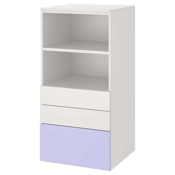 SMÅSTAD / PLATSA bookcase, white lilac/with 3 drawers, 60x57x123 cm
