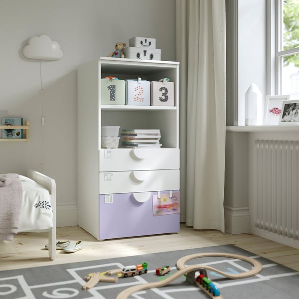 SMÅSTAD / PLATSA bookcase, white lilac/with 3 drawers, 60x57x123 cm