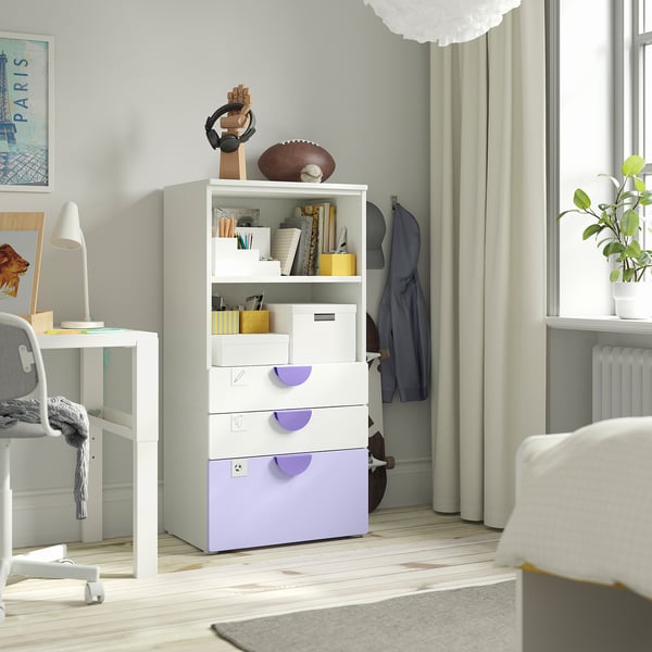 SMÅSTAD / PLATSA bookcase, white lilac/with 3 drawers, 60x42x123 cm
